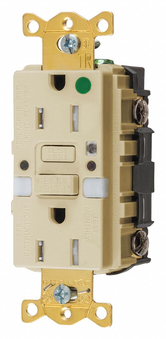 STRAIGHT BLADE GFCI RECEPTACLE, 125 V AC, 1½ IN D, IVORY HOUSING, 2 POLES