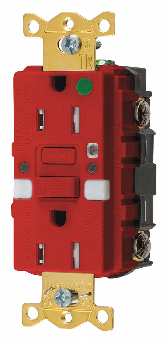 STRAIGHT BLADE GFCI RECEPTACLE, 125 V AC, 1½ IN D, RED HOUSING, 2 POLES