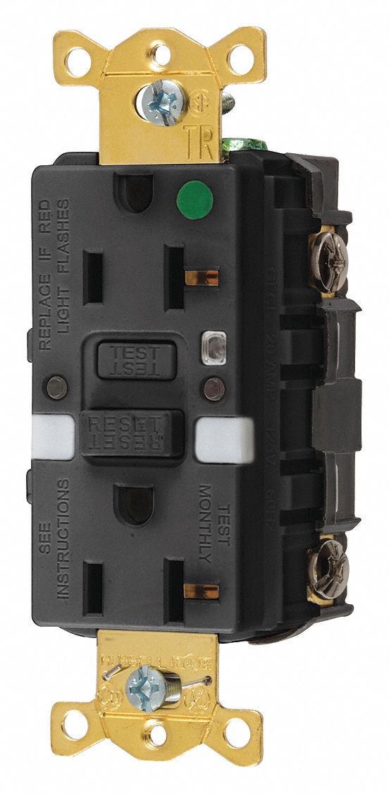 STRAIGHT BLADE GFCI RECEPTACLE, 125 V AC, 1½ IN D, BLACK HOUSING, 2 POLES