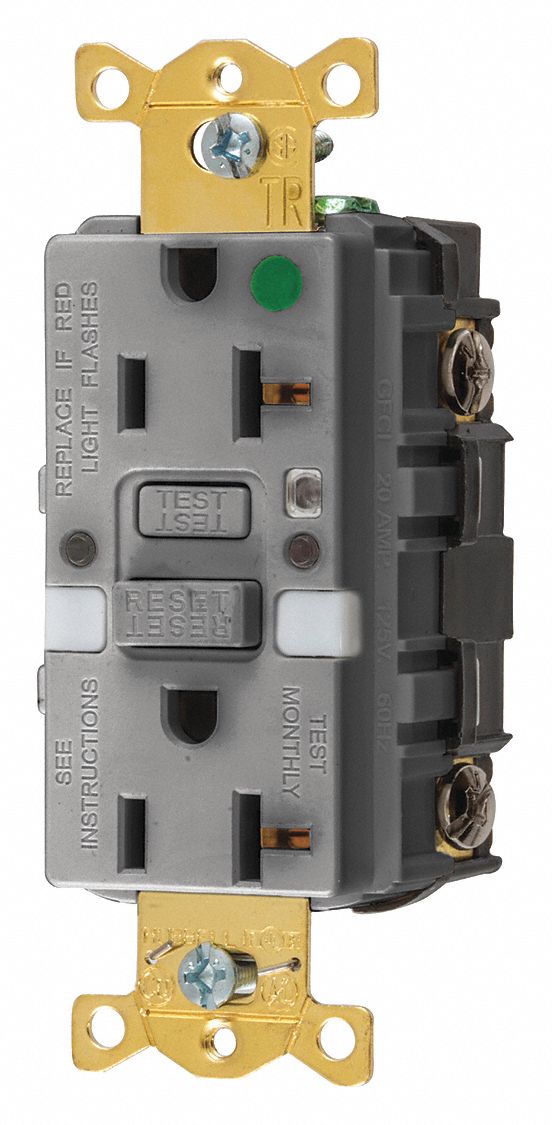 STRAIGHT BLADE GFCI RECEPTACLE, 125 V AC, 1½ IN D, GREY HOUSING, 2 POLES