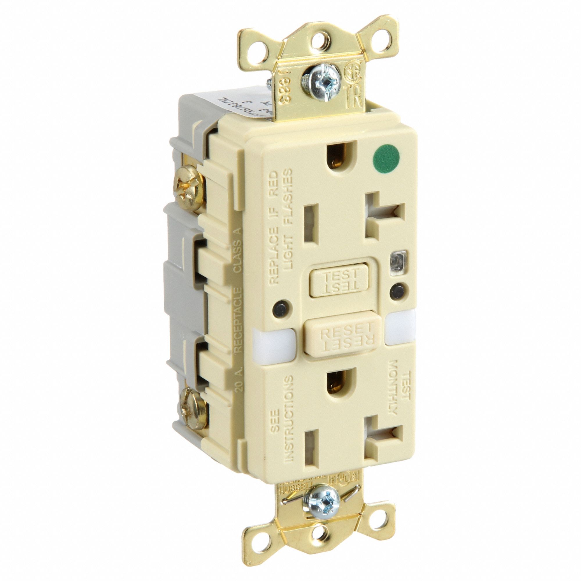 GFCI Receptacle: Duplex, 5-20R, 20 A, 125V AC, Ivory, 2 Pole / 3 Wire Poles & Wires
