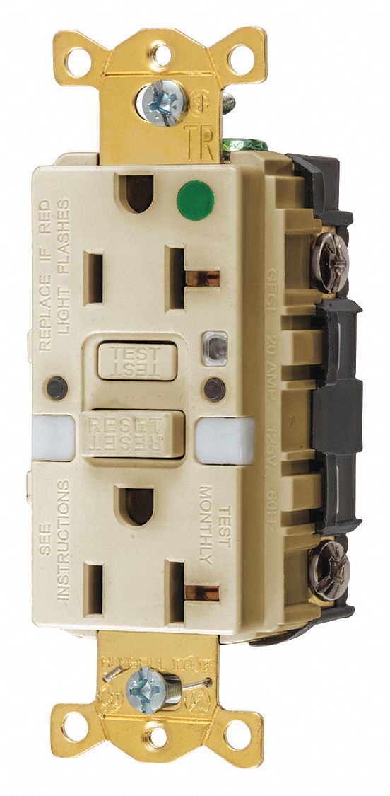 STRAIGHT BLADE GFCI RECEPTACLE, 125 V AC, 1½ IN D, IVORY HOUSING, 2 POLES