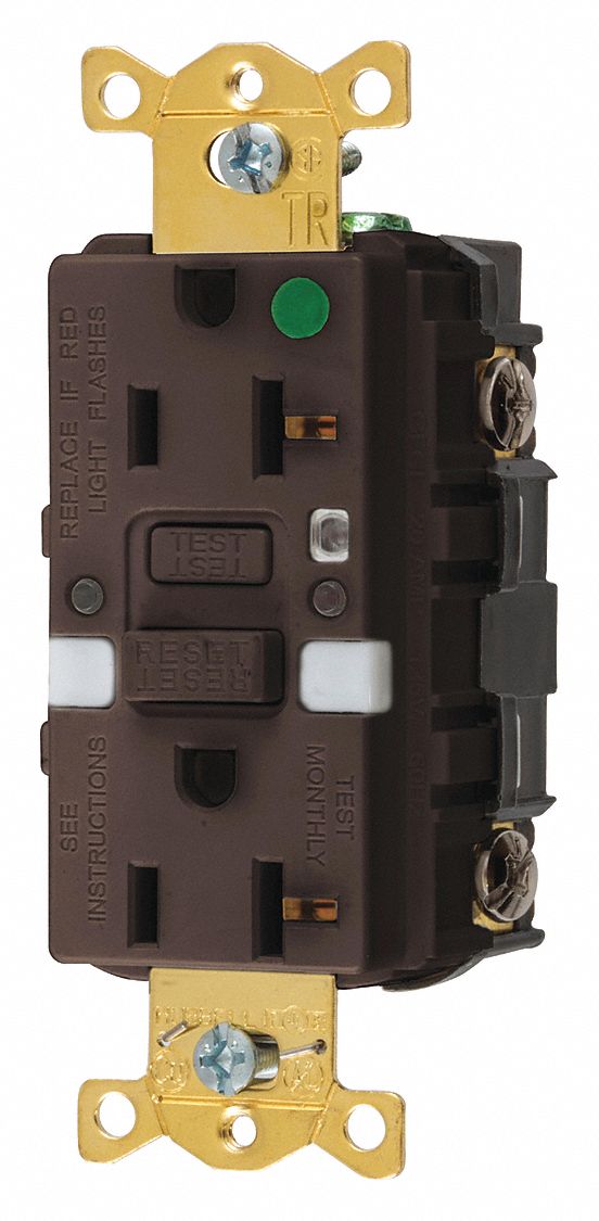 STRAIGHT BLADE GFCI RECEPTACLE, 125 V AC, 1½ IN D, BROWN HOUSING, 2 POLES