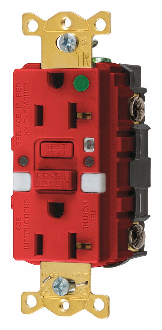 STRAIGHT BLADE GFCI RECEPTACLE, 125 V AC, 1½ IN D, RED HOUSING, 2 POLES