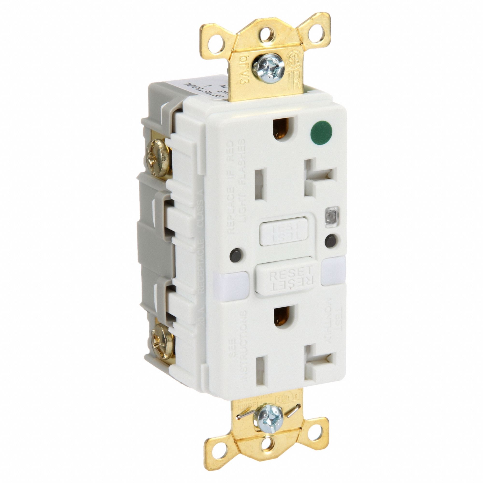 GFCI Receptacle: Duplex, 5-20R, 20 A, 125V AC, White, 2 Pole / 3 Wire Poles & Wires