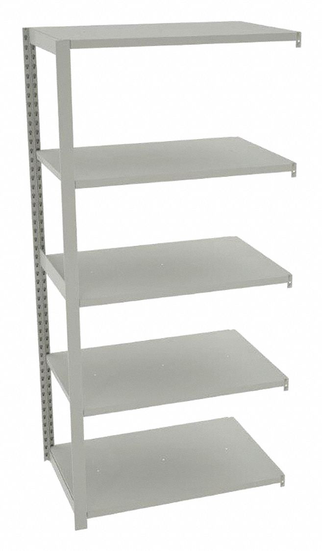 Boltless Shelving: Add-On, Medium-Duty, 36 in x 24 in, 78 in Overall Ht, 5 Shelves, Steel