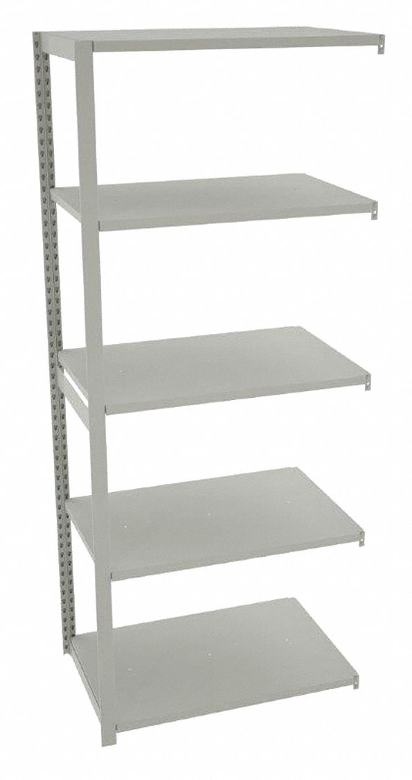 Boltless Shelving: Add-On, Medium-Duty, 36 in x 24 in, 90 in Overall Ht, 5 Shelves, Steel