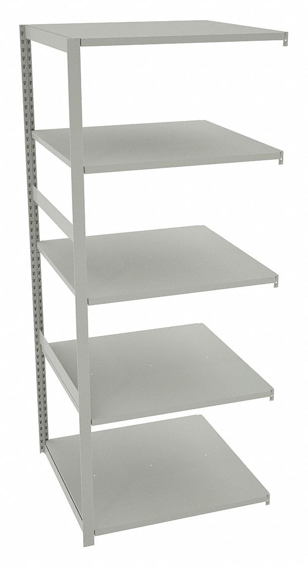 Boltless Shelving: Add-On, Medium-Duty, 36 in x 36 in, 90 in Overall Ht, 5 Shelves, Steel