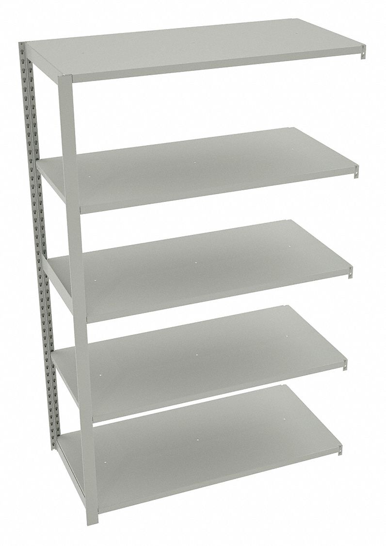Boltless Shelving: Add-On, Medium-Duty, 48 in x 24 in, 78 in Overall Ht, 5 Shelves, Steel