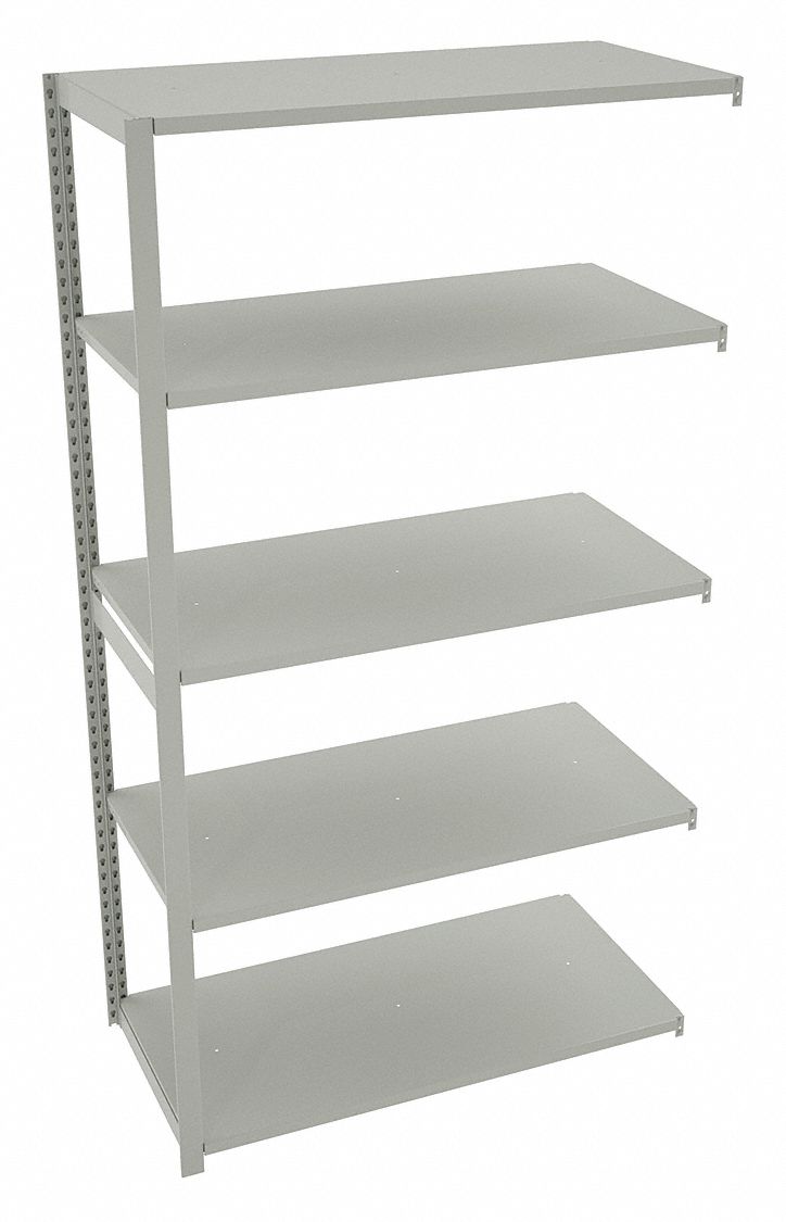 Boltless Shelving: Add-On, Medium-Duty, 48 in x 24 in, 90 in Overall Ht, 5 Shelves, Steel