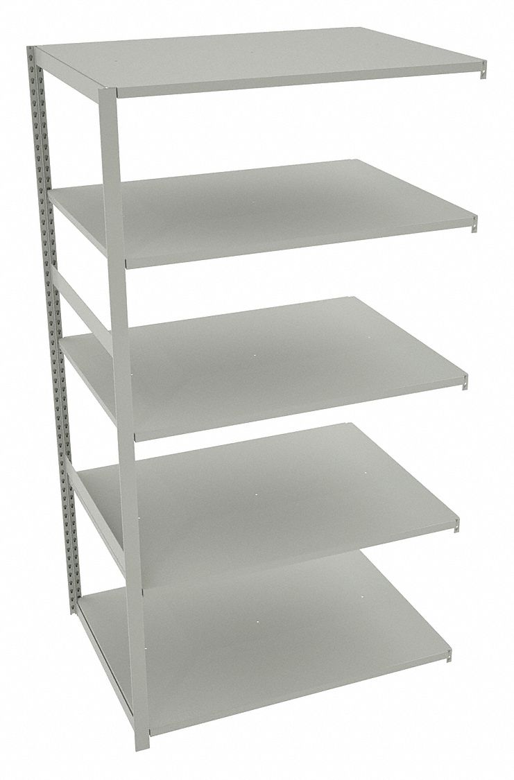 Boltless Shelving: Add-On, Medium-Duty, 48 in x 36 in, 90 in Overall Ht, 5 Shelves, Steel