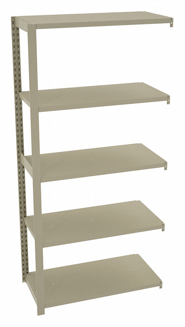 Boltless Shelving: Add-On, Medium-Duty, 36 in x 18 in, 78 in Overall Ht, 5 Shelves, Steel