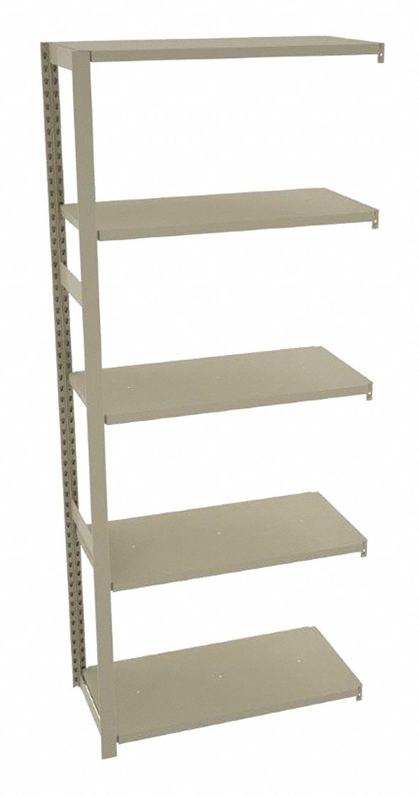 Boltless Shelving: Add-On, Medium-Duty, 36 in x 18 in, 90 in Overall Ht, 5 Shelves, Steel