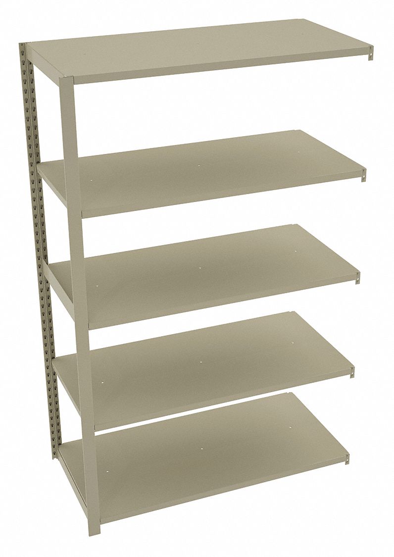 Boltless Shelving: Add-On, Medium-Duty, 48 in x 24 in, 78 in Overall Ht, 5 Shelves, Steel