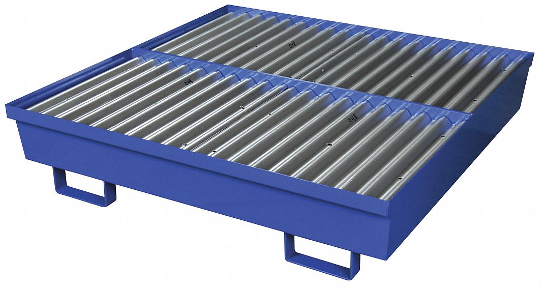 SPILL PALLET, 4 DRUM, UNCOVERED, 92 GAL SPILL CAP, BLUE, 54 X 54 1/4 X 12 IN, STEEL