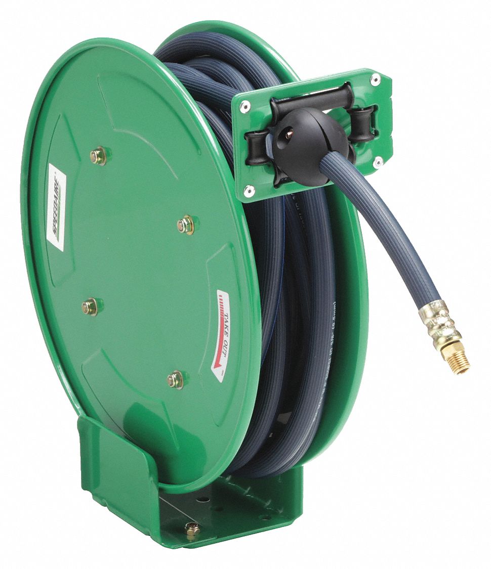 Spring Return Hose Reel: 25 ft (3/8 in I.D.), 1/4 in MNPT, 300 psi Max Op Pressure, Brass, Green