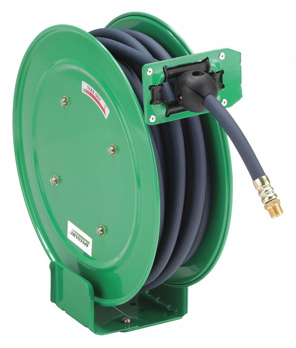 Spring Return Hose Reel: 50 ft (3/8 in I.D.), 3/8 in MNPT, 300 psi Max Op Pressure, Brass, Green