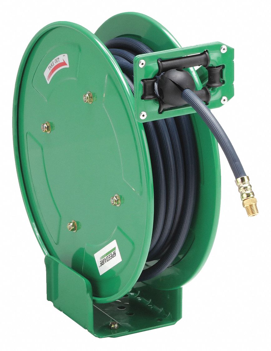 SPRING RETURN HOSE REEL: 35 FT (¼ IN I.D.), ¼ IN MNPT, 300 PSI MAX, BRASS, GREEN