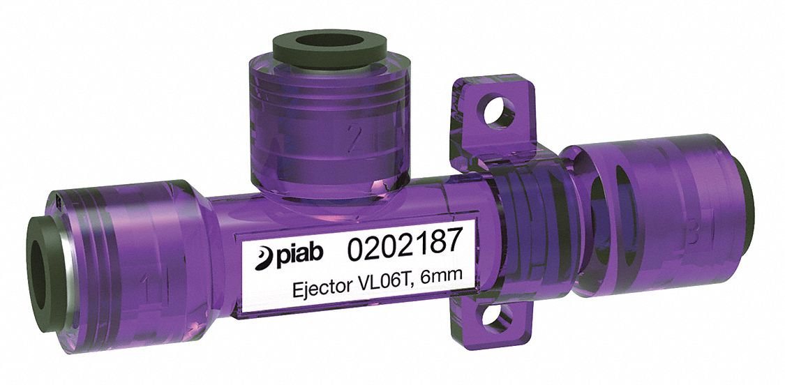 Vacuum Ejector: Value Line, 6 mm, 6 mm, 16 lpm, 102 psi Max Supply Pressure, VL06T, 6mm