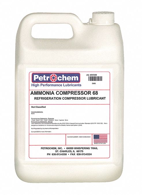 Compressor Oil: 1 gal, Jug, 20 SAE Grade, 68 ISO Viscosity Grade, 98 Viscosity Index