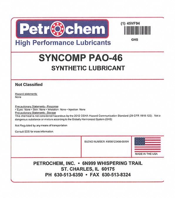 Compressor Oil: 5 gal, Pail, 15 SAE Grade, 46 ISO Viscosity Grade, 134 Viscosity Index