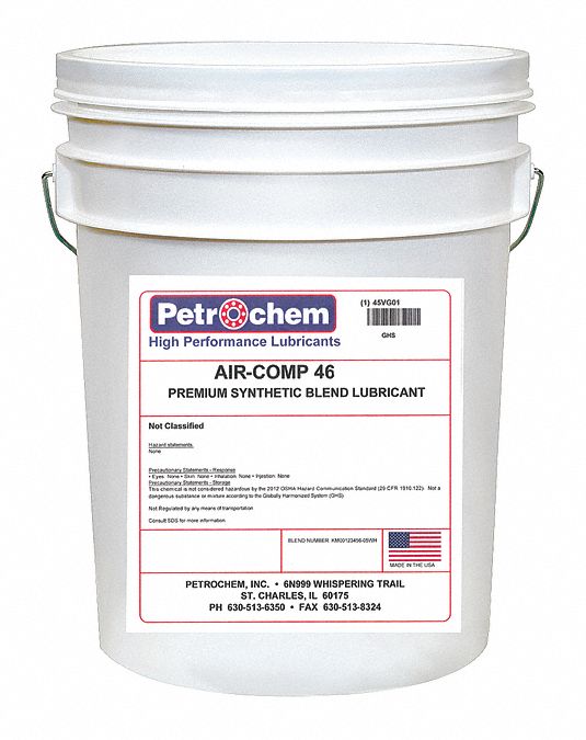 Compressor Oil: 5 gal, Pail, 15 SAE Grade, 46 ISO Viscosity Grade, 97 Viscosity Index