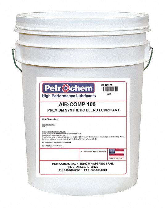 Compressor Oil: 5 gal, Pail, 30 SAE Grade, 100 ISO Viscosity Grade, 97 Viscosity Index