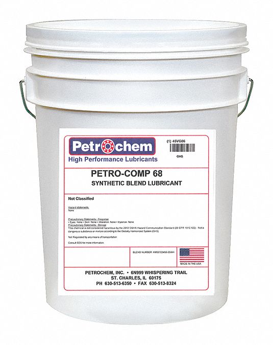 Compressor Oil: 5 gal, Pail, 20 SAE Grade, 68 ISO Viscosity Grade, 99 Viscosity Index