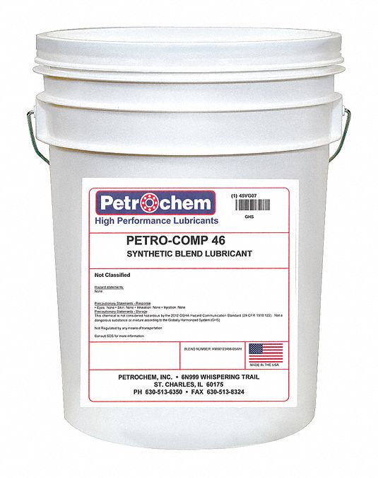 Compressor Oil: 5 gal, Pail, 15 SAE Grade, 46 ISO Viscosity Grade, 97 Viscosity Index