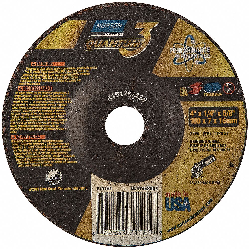 Depressed Center Grinding Wheel: Type 27, 4" x 1/4" x 5/8", Ceramic, 20 Grit, Quantum 3 SG