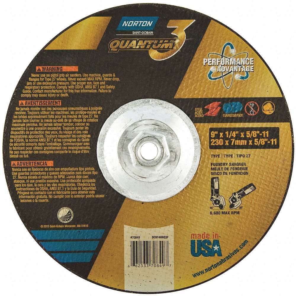 Depressed Center Grinding Wheel: Type 27, 9" x 1/4" x 5/8"-11, Ceramic, 20 Grit, Quantum 3 SG