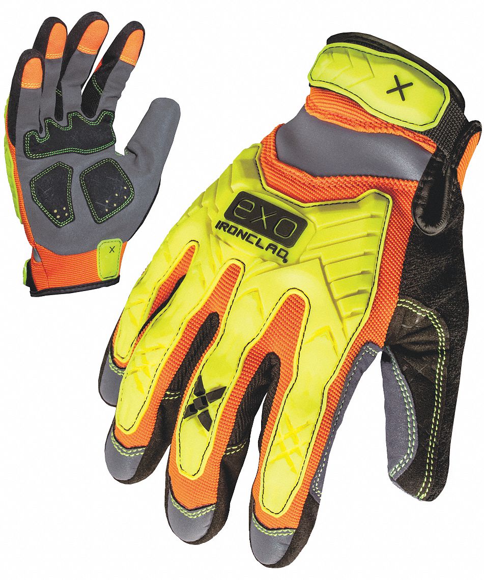 GLOVES, IMPACT-RESIST, ANTI-ABRASION, FULL FINGER, L/9, HI VIS, SYNTH LEATHER/NEOPRENE/SPANDEX/TPR