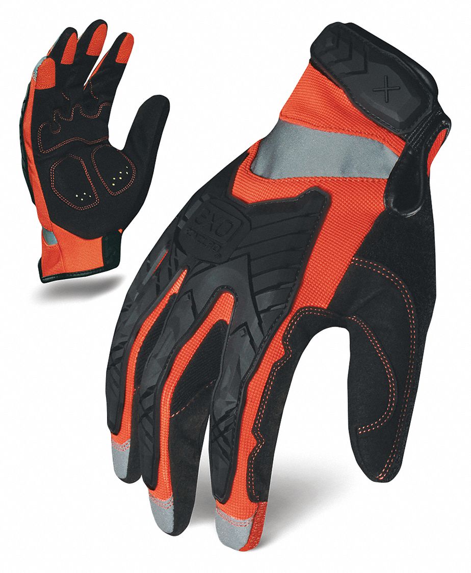 GLOVES, IMPACT-RESISTANT, ANTI-ABRASION, FULL FINGER, SZ XL/10, BLK/ORNG, SYNTH LEATHER/SPANDEX/TPR