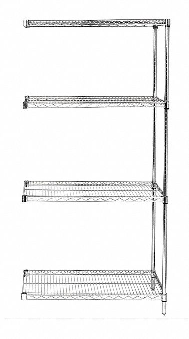 WIRE SHELVING UNIT, ADD-ON, 36 IN X 18 IN, 54 IN OVERALL H, 4 SHELVES, SPLIT SLEEVE
