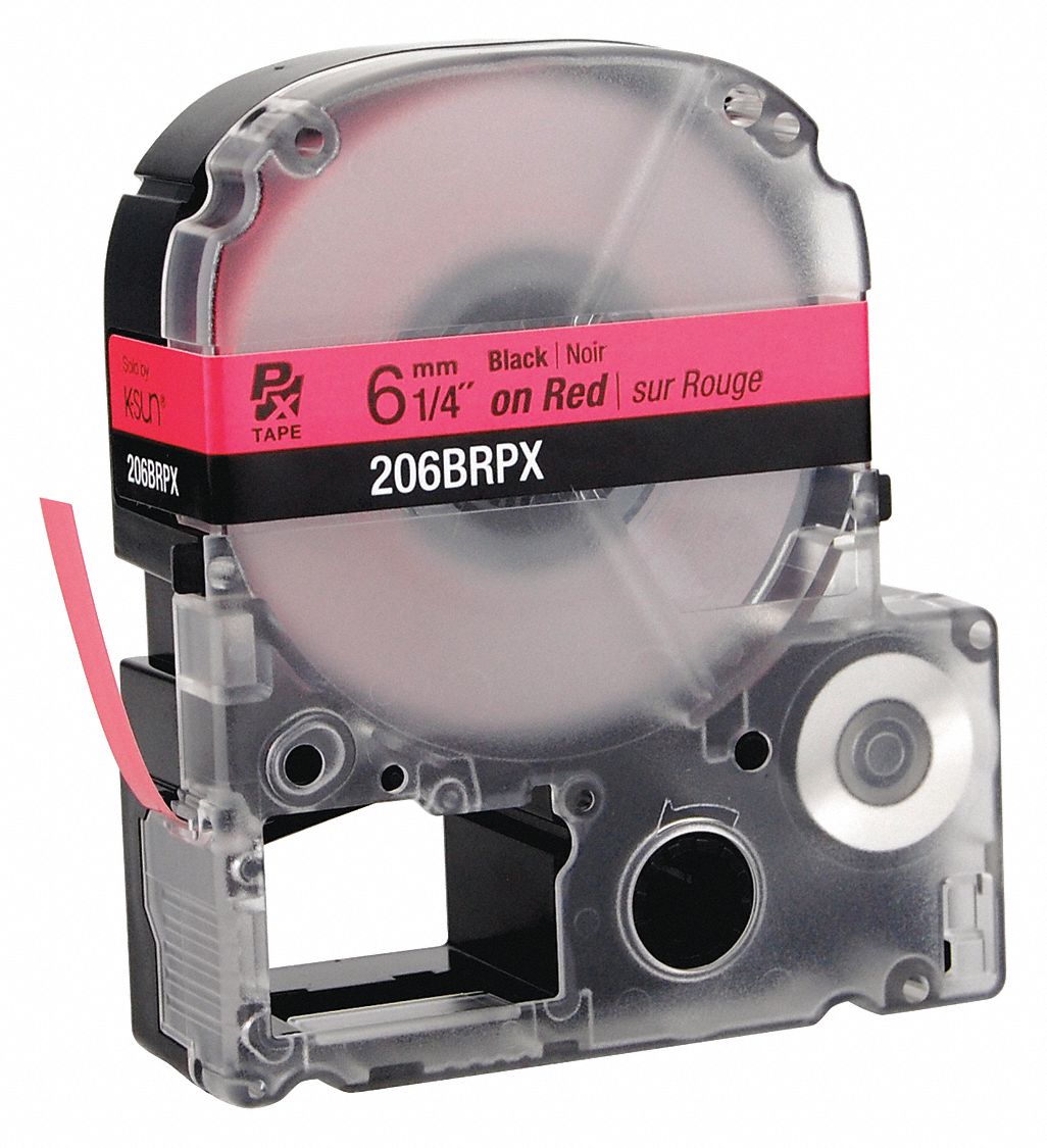 Combined Label and Ribbon Cartridge: 1/4 in x 30 ft, PET, Red (Gloss), Indoor/Outdoor