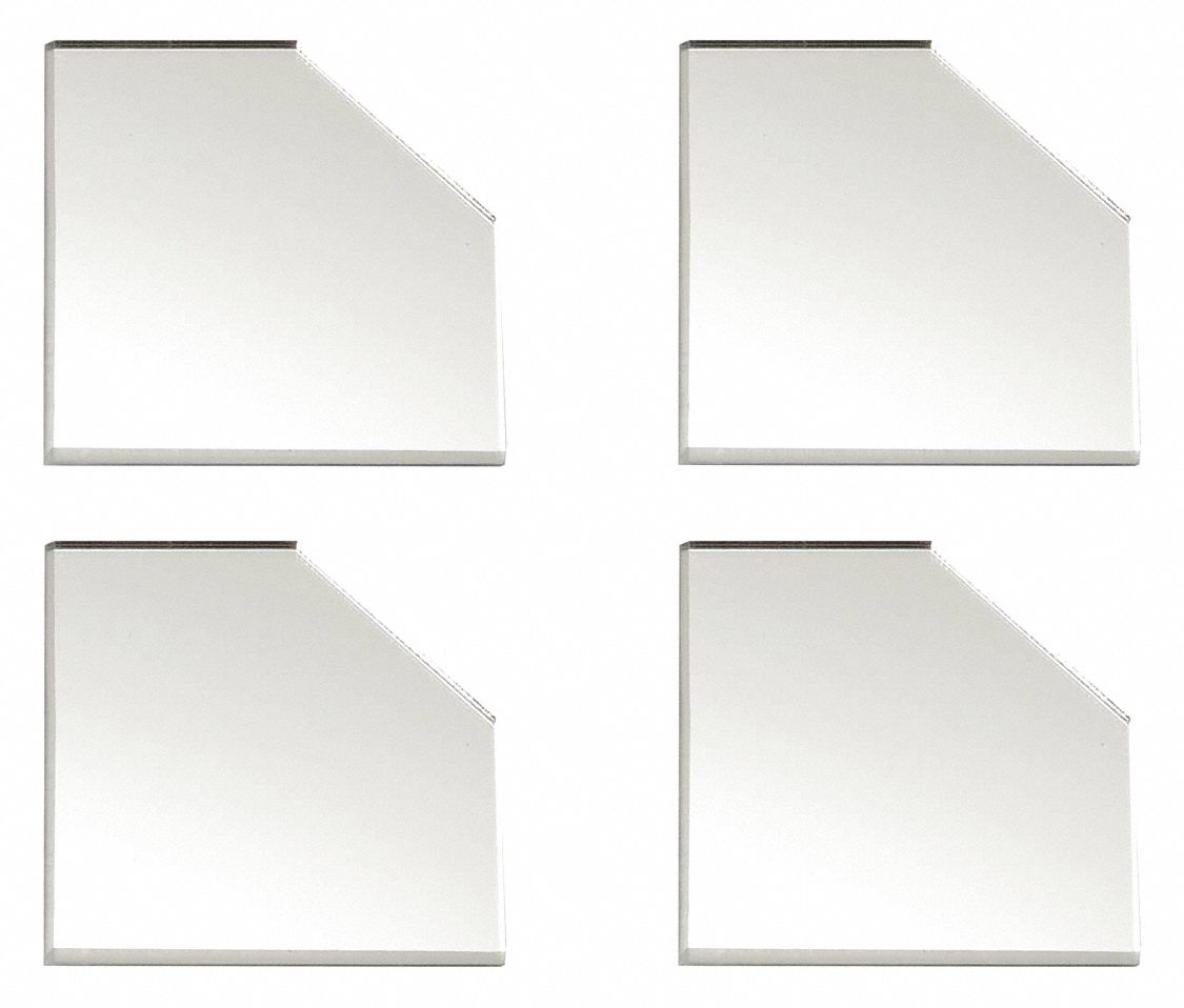 Corner Plates: Clear Mirror, Mirror, Acrylic Mirror, 1/8 in Ht, 3 in Lg, 3 in Wd, 1 1/2 in Dp, 4 PK