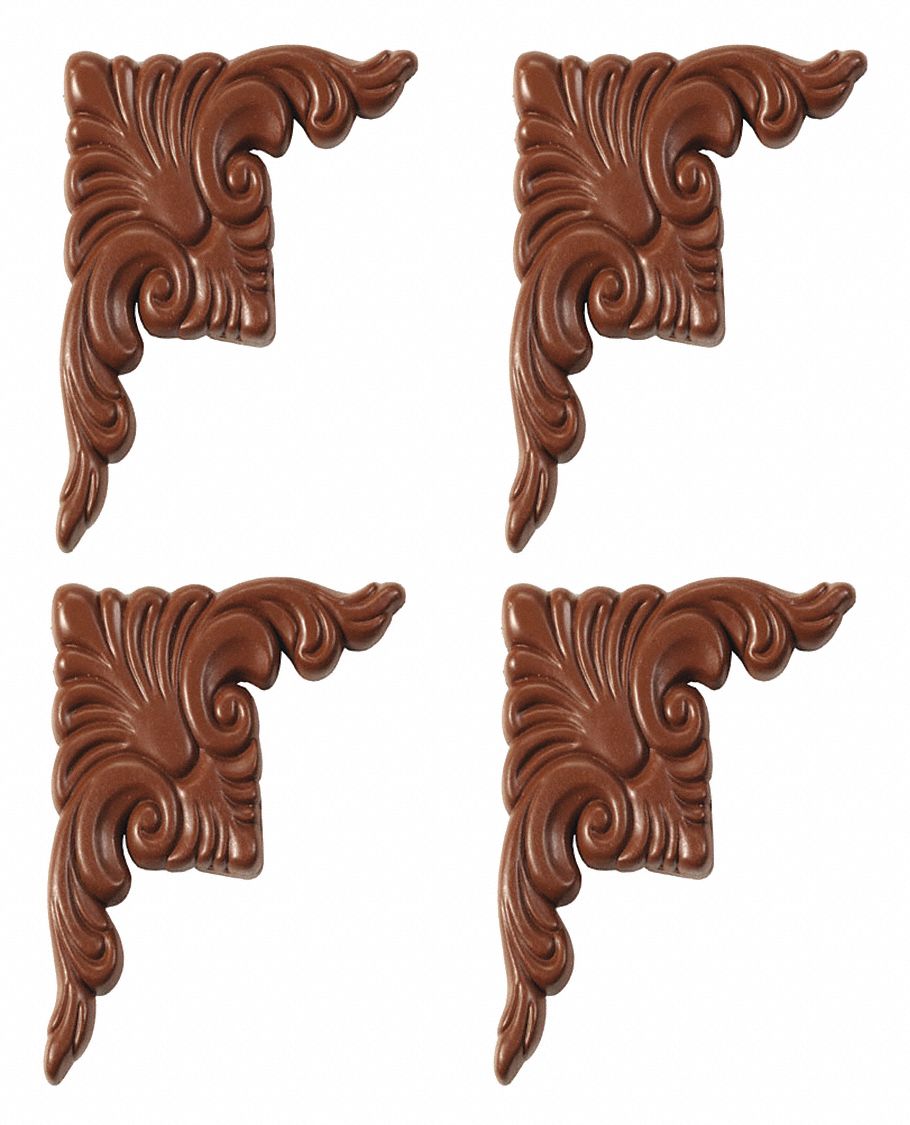 Corner Plates: 1 1/2 in x 3 1/2 in x 1/4 in, Plastic, Wood Grain, Royal Oak, 4 PK