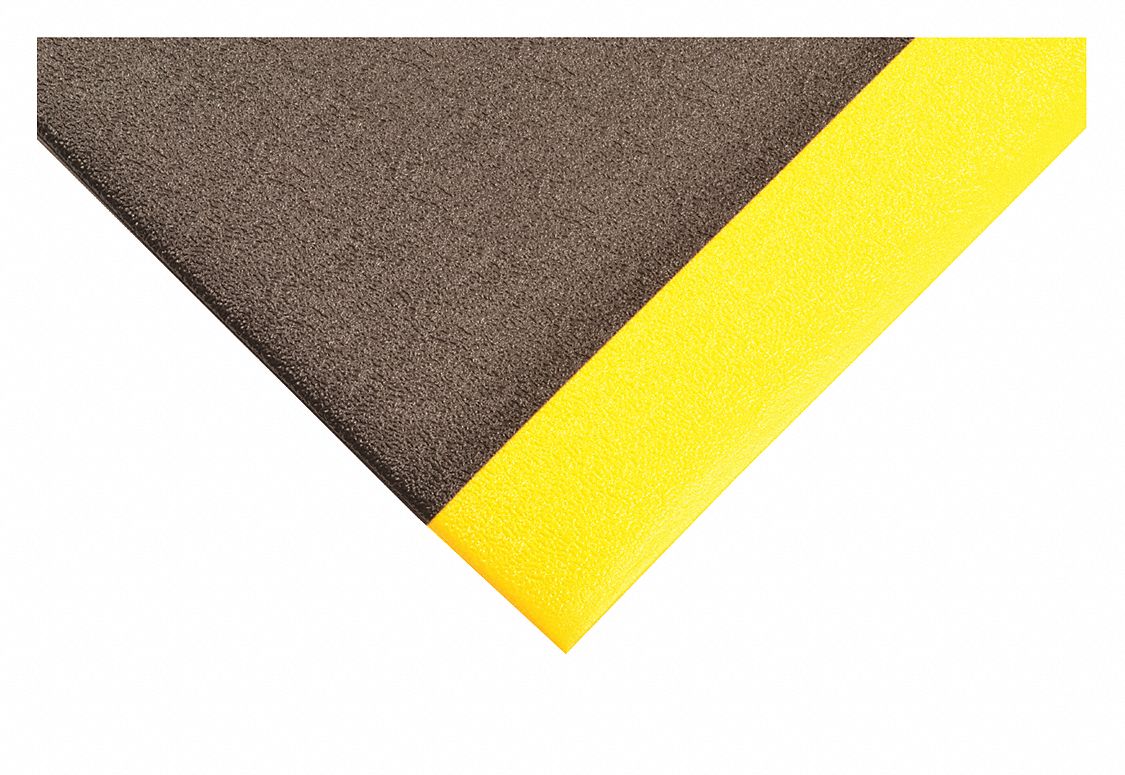 ANTIFATIGUE MAT, PEBBLE, 3 X 8 FT, ⅜ IN THICK, BLACK/YELLOW BORDER, PVC FOAM, BEVELED