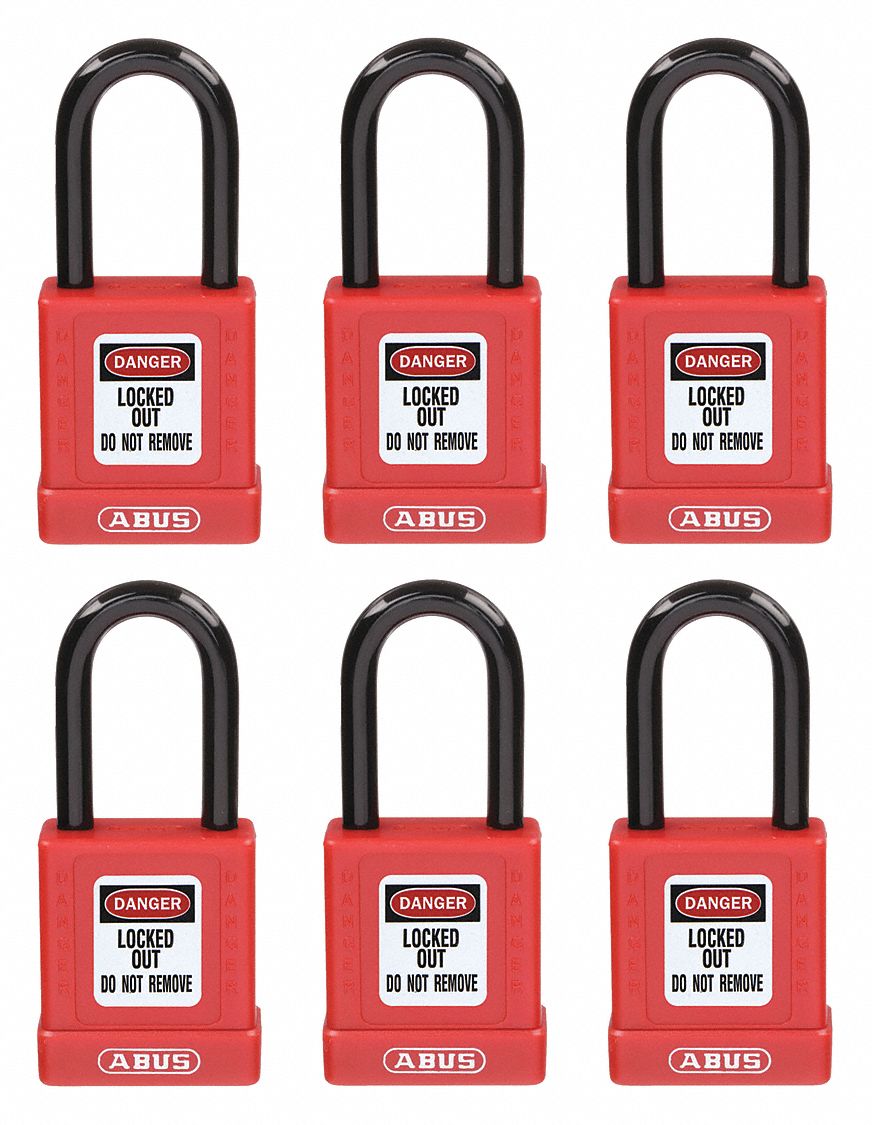 LOCKOUT PADLOCK, KEYED DIFFERENT, ALUMINUM, STANDARD BODY, HARDENED STEEL, RED, 6 PK