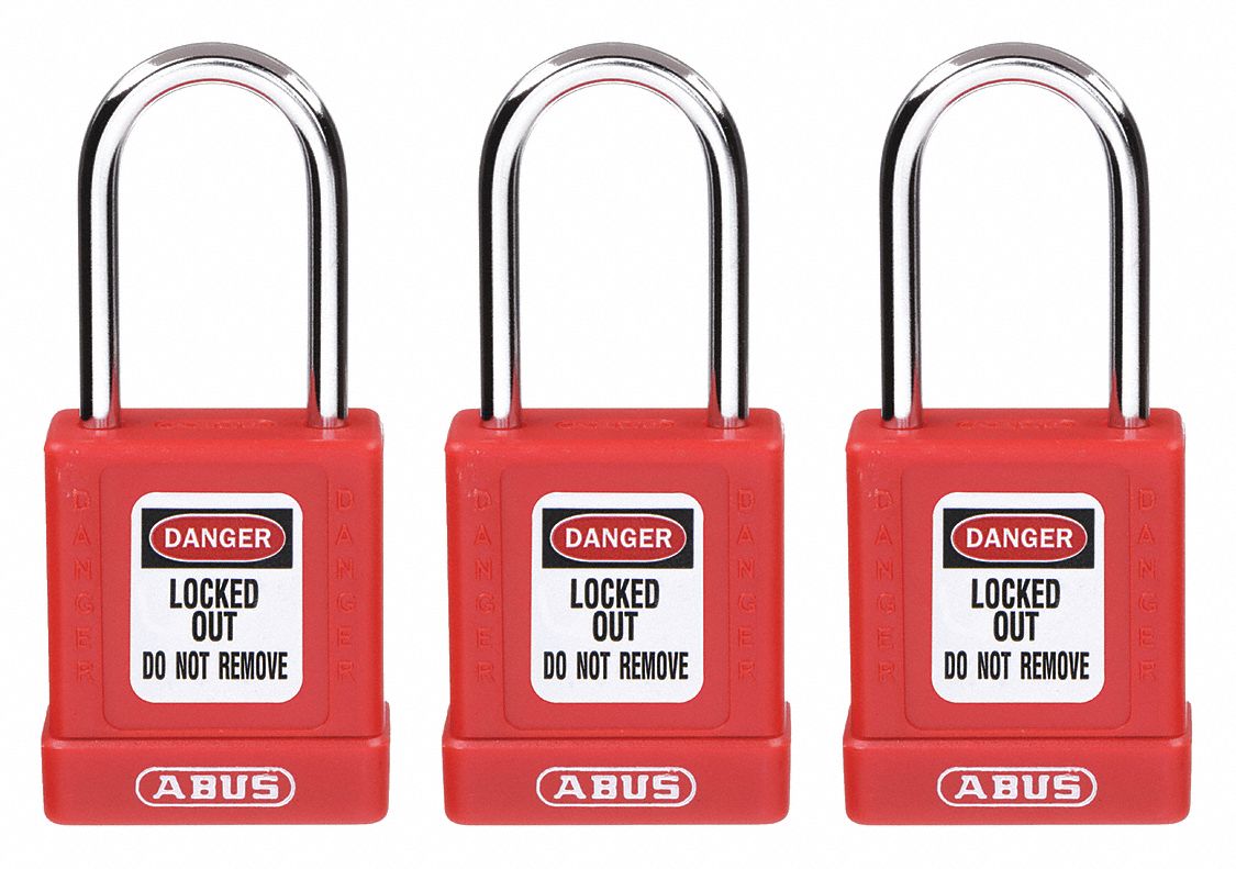 LOCKOUT PADLOCK, KEYED ALIKE, ALUMINUM, STANDARD BODY, HARDENED STEEL, RED, 3 PK