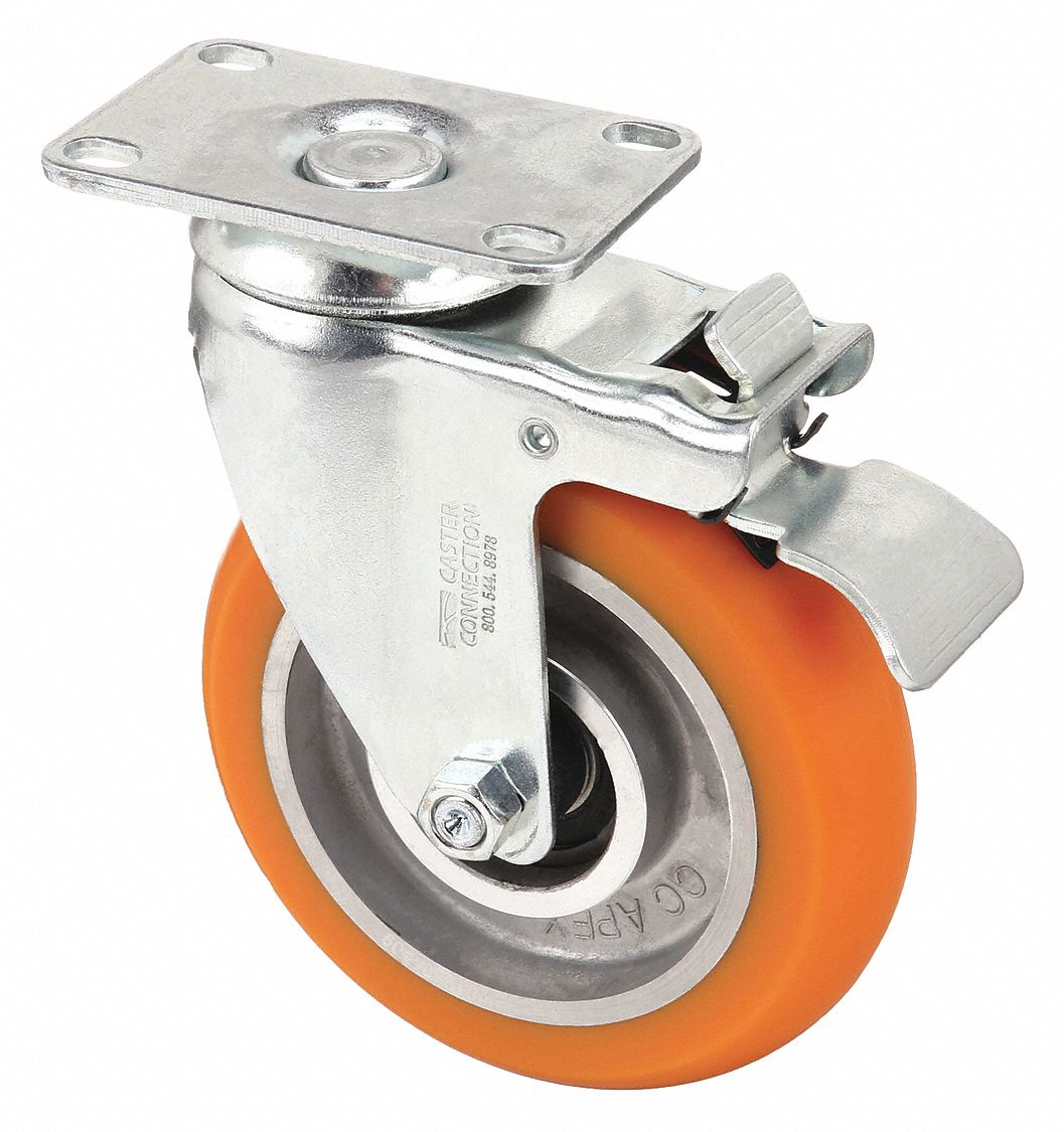 STANDARD PLATE CASTER, 5 IN WHEEL DIAMETER, 450 LB, 6¼ IN MOUNTING H, POLYURETHANE