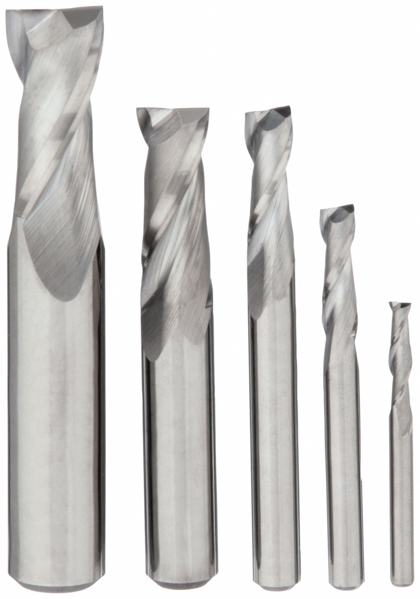 END MILL SET, 2 FLUTES, 5 PIECES, ⅛ IN SMALLEST MILL DIAMETER, BRIGHT FINISH