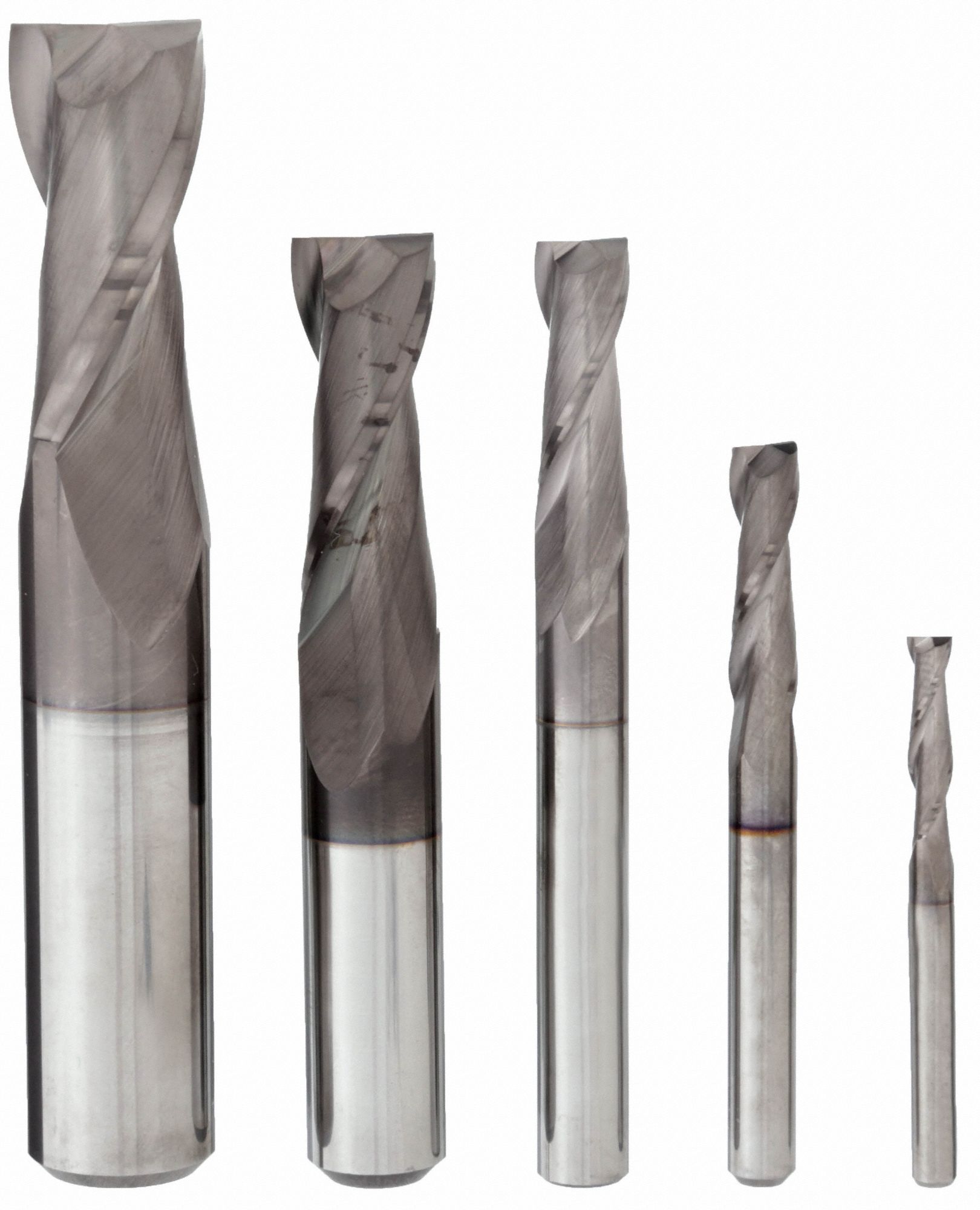 END MILL SET, 2 FLUTES, 5 PIECES, ⅛ IN SMALLEST MILL DIAMETER, TICN FINISH