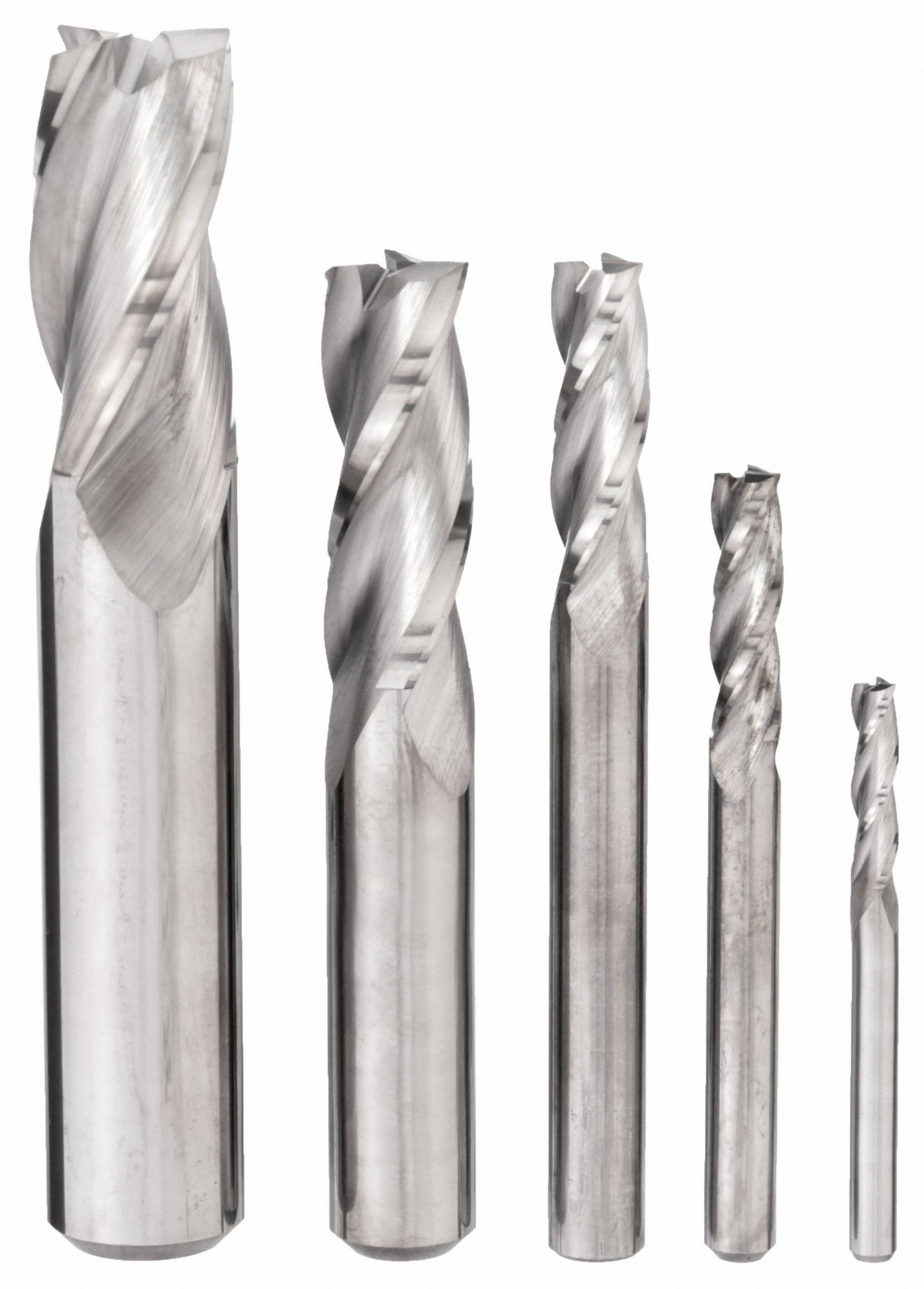 END MILL SET, 3 FLUTES, 5 PIECES, ⅛ IN SMALLEST MILL DIAMETER, BRIGHT FINISH