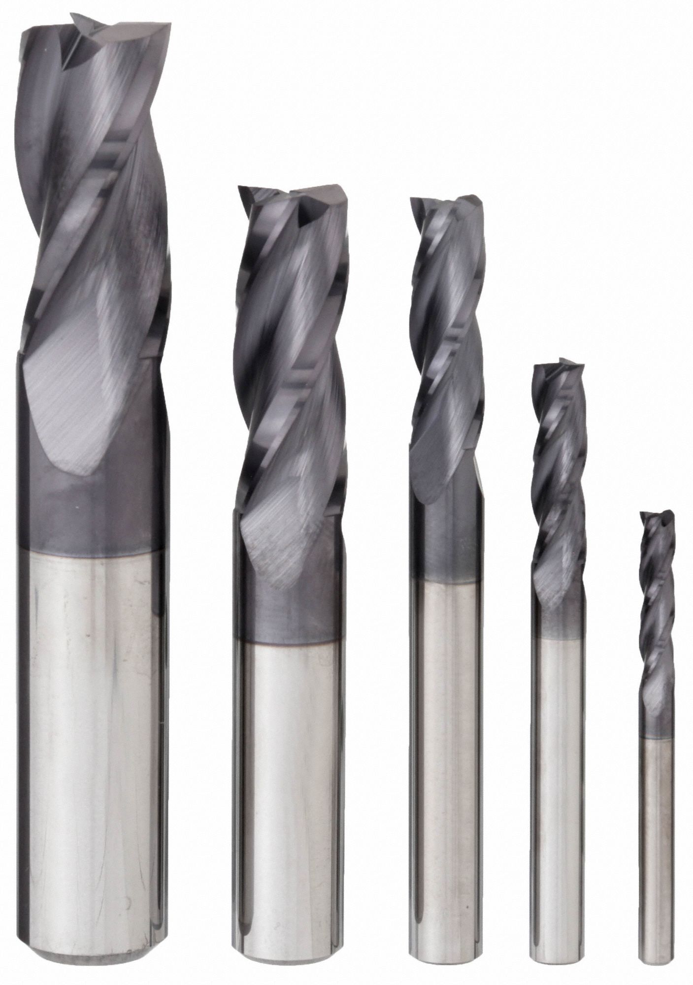 END MILL SET, 3 FLUTES, 5 PIECES, ⅛ IN SMALLEST MILL DIAMETER, ALTIN FINISH