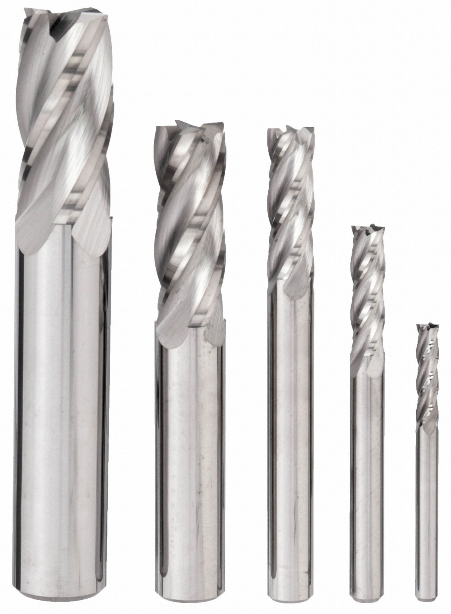 END MILL SET, 4 FLUTES, 5 PIECES, ⅛ IN SMALLEST MILL DIAMETER, BRIGHT FINISH