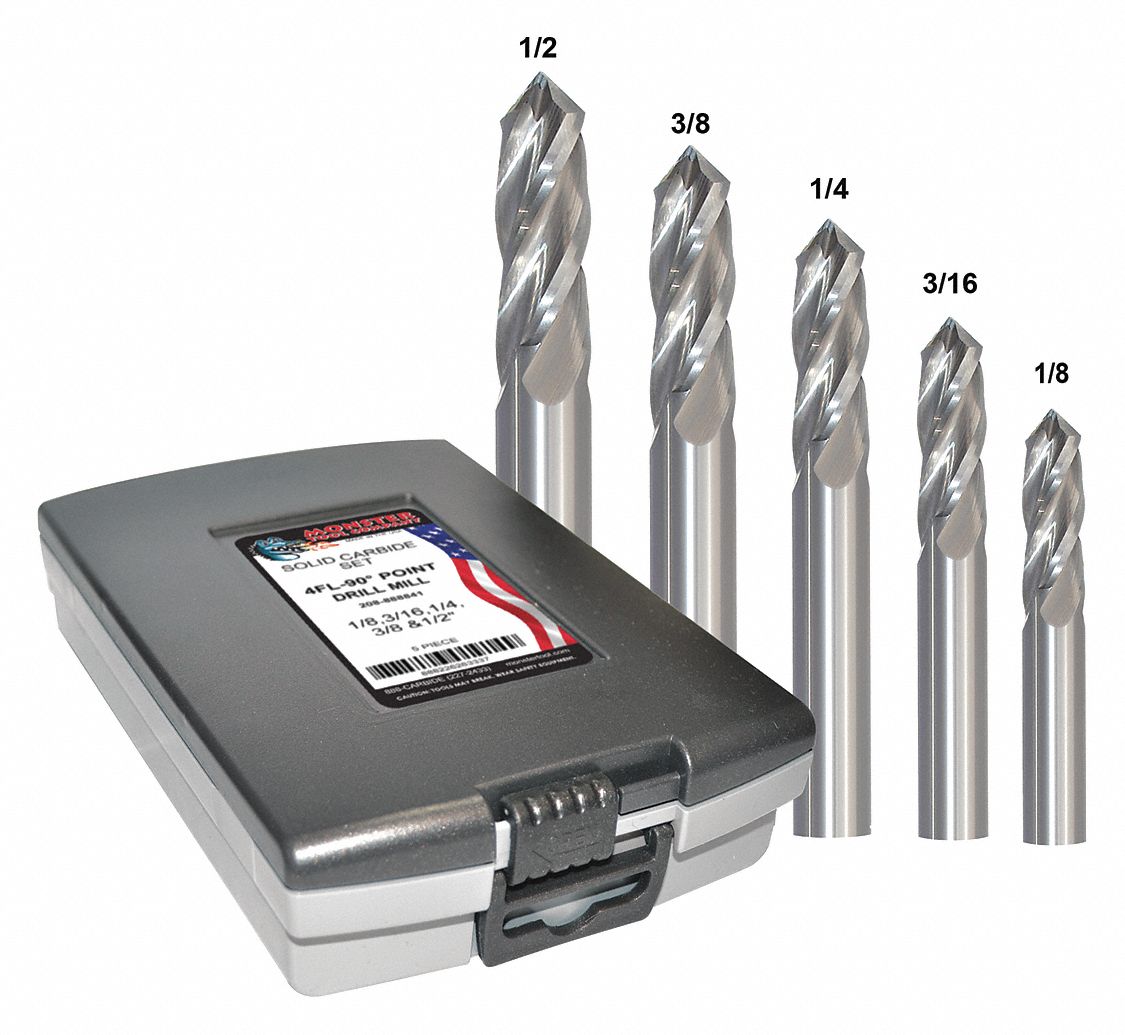 GRAINGER APPROVED Drill Mill Set 4 Flutes, 5 Pieces, 1/2 in Largest