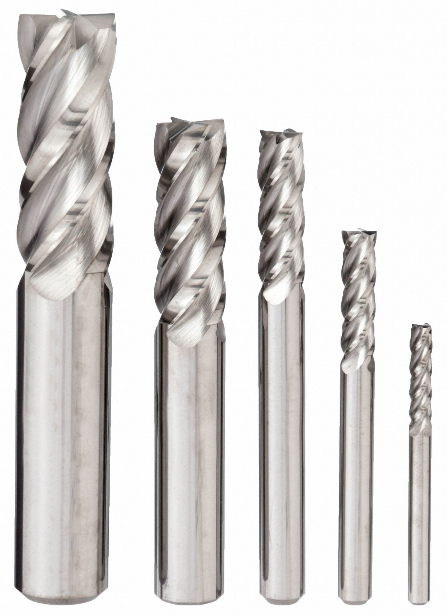 END MILL SET, 4 FLUTES, 5 PIECES, ⅛ IN SMALLEST MILL DIAMETER, BRIGHT FINISH