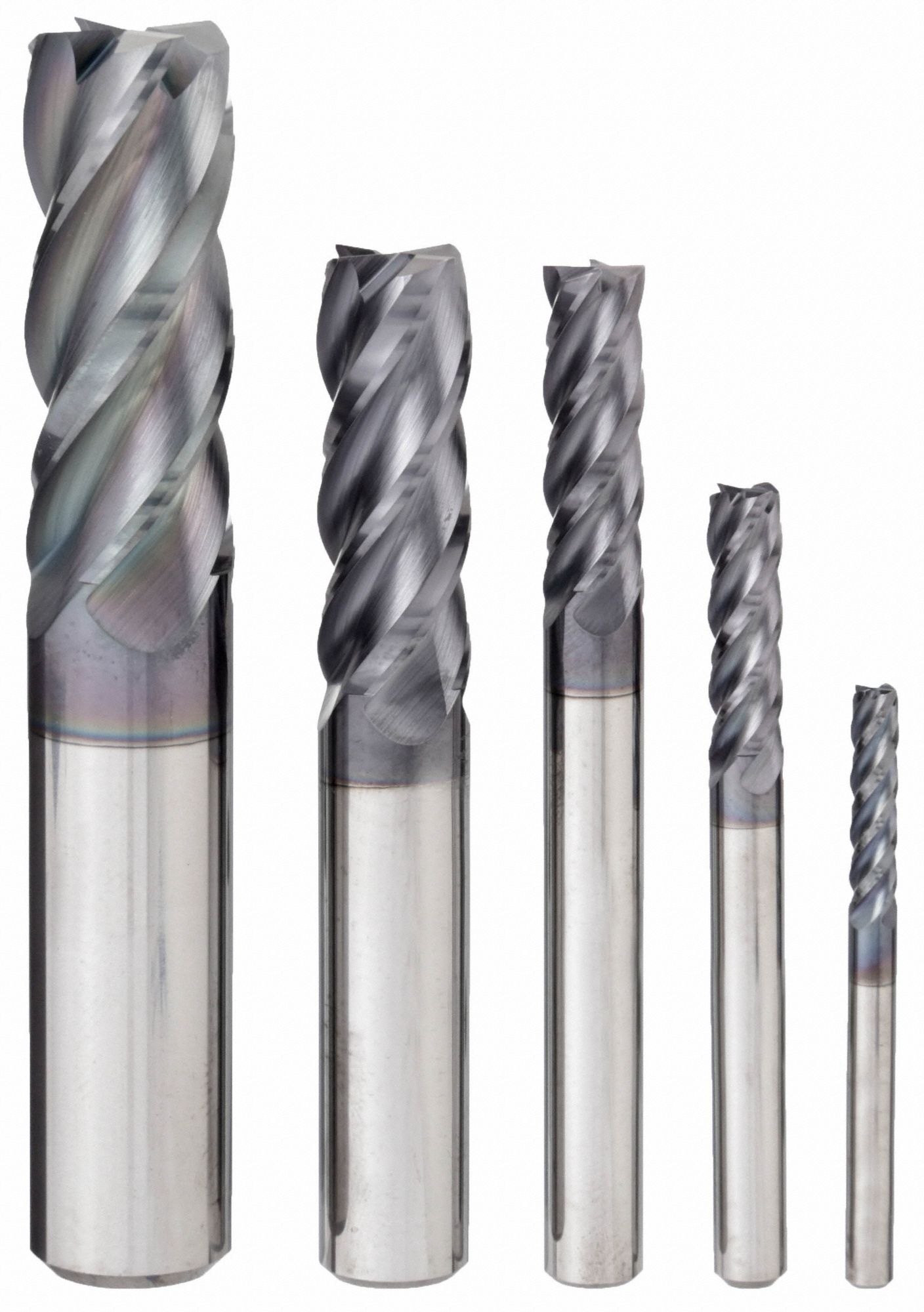 END MILL SET, 4 FLUTES, 5 PIECES, ⅛ IN SMALLEST MILL DIAMETER, ALTICRN FINISH