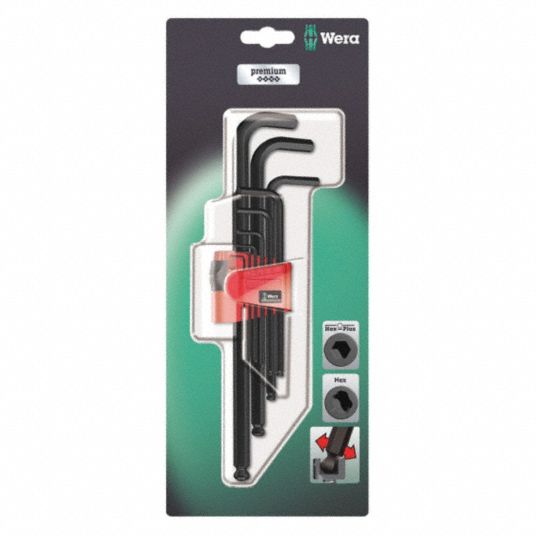 WERA Hex Key Set: Metric, Long, 9 Pieces, 10 mm/1.5 mm/2.5 mm/2 mm/3 mm/4  mm/5 mm/6 mm/8 mm Tip Size